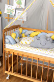 Ahşap Anne Yanı Beşik Vernikli 60x120 Sarı Mavi Örgü Uyku Seti Yatak Tekerlekli
