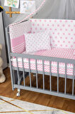 Ahşap Beşik Anne Yanı Beşik Gri 60x120 - Pembe Yıldız Tek Yastık Uyku Seti + Yatak + Tekerlekli