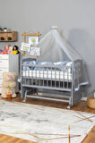 Ahşap Beşik Anne Yanı Beşik Gri 60x120 - Mavi Beyaz Örgü Uyku Seti Seti + Yatak + Tekerlekli