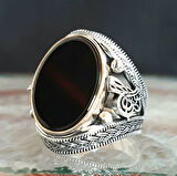 925 Ayar Gümüş Osmanlı Tuğralı Oniks Taşlı Erkek Yüzük