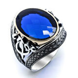 925 Ayar Gümüş Mavi Zirkon Taşlı Elif  Vav  Detaylı Yüzük