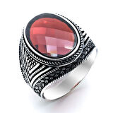 Muhteşem Tasarım Örgü Desenli Kırmızı Zirkon Taşlı  Gümüş Yüzük