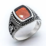 925 Ayar Gümüş Kırmızı Zirkon Taşlı Tuğralı Yüzük