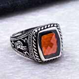 925 Ayar Gümüş Kırmızı Zirkon Taşlı Tuğralı Yüzük