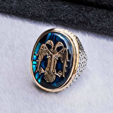 925 Ayar Gümüş Büyük  Mavi Mineli  Selçuklu Kartalı Erkek Yüzük