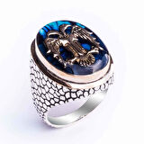 925 Ayar Gümüş Büyük  Mavi Mineli  Selçuklu Kartalı Erkek Yüzük