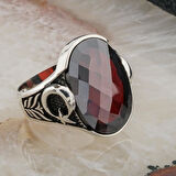 Kırmızı Taşlı Ay Yıldızlı Gümüş Erkek Yüzük