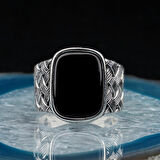 Dikdörtgen Oniks Taşlı Örgü Desenli Erkek Gümüş Yüzük