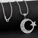Kelimei Tevhid Yazılı Büyük Boy Ay Yıldız Tasarımlı 925 Ayar Gümüş Kolye