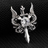 Çift Ejderha Tasarımlı Hançer Detaylı Beyaz Zirkon Taşlı 925 Ayar Gümüş Kolye Ucu