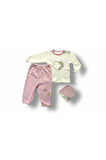 Pembe & Kalp Nakışlı Kız Bebek Takımı - %100 Pamuklu & Sweatli Bebek Takımı - 3'lü