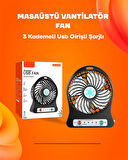 Mini Vantilatör Masaüstü – USB Girişli, Şarjlı, 3 Kademe, Sessiz Motor, Işıklı