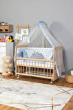 Ahşap Beşik Anne Yanı Beşik Organik(Boyasız) 60x120-Mavi Yıldız 3 Yastık Uyku Seti+Yatak+Tekerlekli