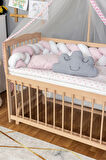 Ahşap Beşik Anne Yanı Beşik Organik 60x120 - Pembe Beyaz Örgü Uyku Seti Seti + Yatak