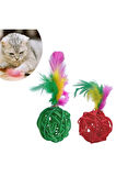 2li Rattan Renkli Peluş Tüy Kedi Köpek Oyuncak Yakalama Çiğneme Çıngıraklı Top Oyuncağı (K0)