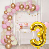 3 Yaş Krom Gold Pastel Pembe ve Beyaz Balon Seti Gold Rakamlı Doğum Günü Balonu Şık Parti Süsleme