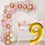 9 Yaş Krom Gold Pastel Pembe ve Beyaz Balon Seti Gold Rakamlı Doğum Günü Balonu Şık Parti Süsleme