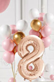 8 Yaş Retro Gold Pembe Beyaz Balon Seti Rose Gold Rakamlı Doğum Günü Balonu Şık Parti Süsleme