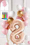 8 Yaş Balon Standlı Ve Pompalı Retro Gold Pembe Beyaz Balon Seti Rose Gold Rakamlı Süsleme