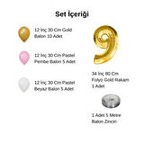9 Yaş Retro Gold Pembe Beyaz Balon Seti Gold Rakamlı Doğum Günü Balonu Şık Parti Süsleme