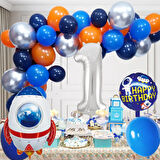 1 Yaş Uzay Temalı Doğum Günü Seti Uzay Mekiği Happy Birthday Yazı Renkli Balonlar Gümüş Folyo Rakam
