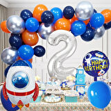 2 Yaş Uzay Temalı Doğum Günü Seti Uzay Mekiği Happy Birthday Yazı Renkli Balonlar Gümüş Folyo Rakam