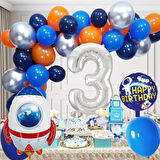 3 Yaş Uzay Temalı Doğum Günü Seti Uzay Mekiği Happy Birthday Yazı Renkli Balonlar Gümüş Folyo Rakam