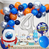 4 Yaş Uzay Temalı Doğum Günü Seti Uzay Mekiği Happy Birthday Yazı Renkli Balonlar Gümüş Folyo Rakam