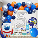 5 Yaş Uzay Temalı Doğum Günü Seti Uzay Mekiği Happy Birthday Yazı Renkli Balonlar Gümüş Folyo Rakam
