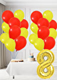 8 Yaş Sarı Kırmızı Taraftar Temalı Doğum Günü Seti Sarı Kırmızı Balonlar Altın Folyo Rakam