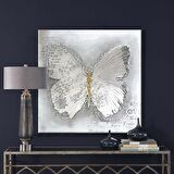 TABLOLIFE Beyaz Kelebek - Yağlı Boya Dokulu Tablo 80X80,Çerçeve;Gümüş