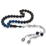 Kararmaz Metal Püsküllü Küre Kesim Bilek Boy Süzme Mavi-Siyah Sıkma Kehribar Tesbih