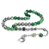 Kararmaz Metal Püsküllü Küre Kesim İsim Yazılı Yeşil-Beyaz Akik Doğaltaş Tesbih