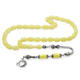 Kararmaz Metal Püsküllü Kapsül Kesim Sarı-Beyaz Hareli Beyrut Kehribar Tesbih