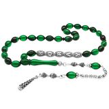 Kararmaz Metal Püsküllü Kişiye Özel İsim Yazılı Yeşil-Siyah Ateş Kehribar Tesbih