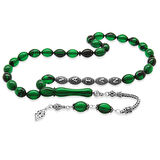 925 Ayar Gümüş Püsküllü Arpa Kesim Gümüş İsim Yazılı Yeşil-Siyah Ateş Kehribar Tesbih