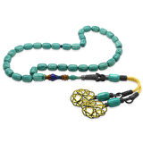 1000 Ayar Gümüş Kazaz Püsküllü Her Bir Tanesi Usta İşçilikli İmame&Hitame Kuka Kombinasyonlu Kapsül Kesim Turkuaz-Mavi Katalin Tesbih