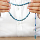 Sistemli Arpa Kesim Turkuaz-Mavi Sıkma Kehribar Tesbih