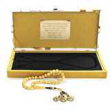 Özel Premium Kutulu 1000 Ayar Sarı Gri Kazaz Püsküllü Küre Kesim King Seccer Beyaz Sarı Damla Kehribar Tesbih