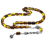 Kararmaz Metal Halat Püsküllü Kapsül Kesim Sarı - Siyah Fosilli Beyrut Kehribar Tesbih