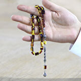 Kararmaz Metal Halat Püsküllü Kapsül Kesim Sarı - Siyah Fosilli Beyrut Kehribar Tesbih