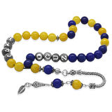 925 Ayar Gümüş Püsküllü Küre Kesim Kişiye Özel İsim Yazılı Sarı Lacivert Jade Doğaltaş Taraftar Tesbih