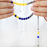 925 Ayar Gümüş Püsküllü Küre Kesim Kişiye Özel İsim Yazılı Sarı Lacivert Jade Doğaltaş Taraftar Tesbih