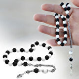 925 Ayar Gümüş Foxtail Zincir Püsküllü Küre Kesim Siyah Beyaz Jade Ayyıldız Oniks Doğaltaş Taraftar Tesbih