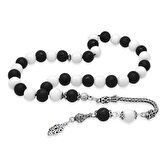 925 Ayar Gümüş Foxtail Zincir Püsküllü Küre Kesim Siyah Beyaz Jade Ayyıldız Oniks Doğaltaş Taraftar Tesbih