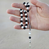 925 Ayar Gümüş Foxtail Zincir Püsküllü Küre Kesim Siyah Beyaz Jade Ayyıldız Oniks Doğaltaş Taraftar Tesbih