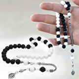 925 Ayar Gümüş Püsküllü Küre Kesim Siyah Beyaz Jade Ayyıldız Oniks Doğaltaş Taraftar Tesbih