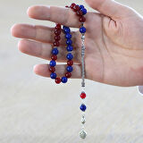 925 Ayar Gümüş Püsküllü Küre Kesim Bordo Mavi Jade Doğaltaş Taraftar Tesbih