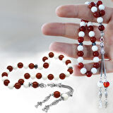 Kararmaz Metal Kişiye Özel Harf Püsküllü Küre Kesim Kırmızı Beyaz Jade Akik Doğaltaş Taraftar Tesbih