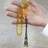 Premium Kutulu 1000 Ayar Gümüş Kazaz Püskül İstanbul Kesim Soft Sarı Büyük Boy Damla Kehribar Tesbih